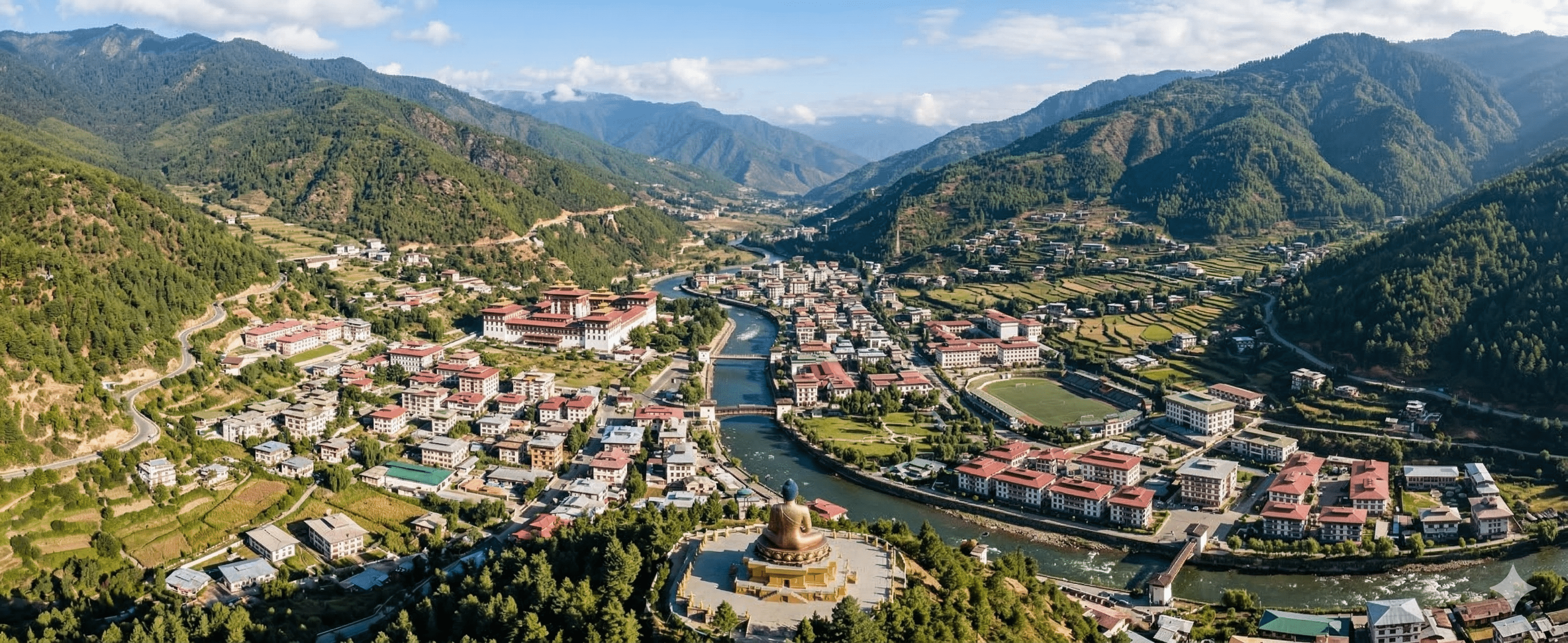 Scenic aerial view of Thimphu city nestled in the mountains.