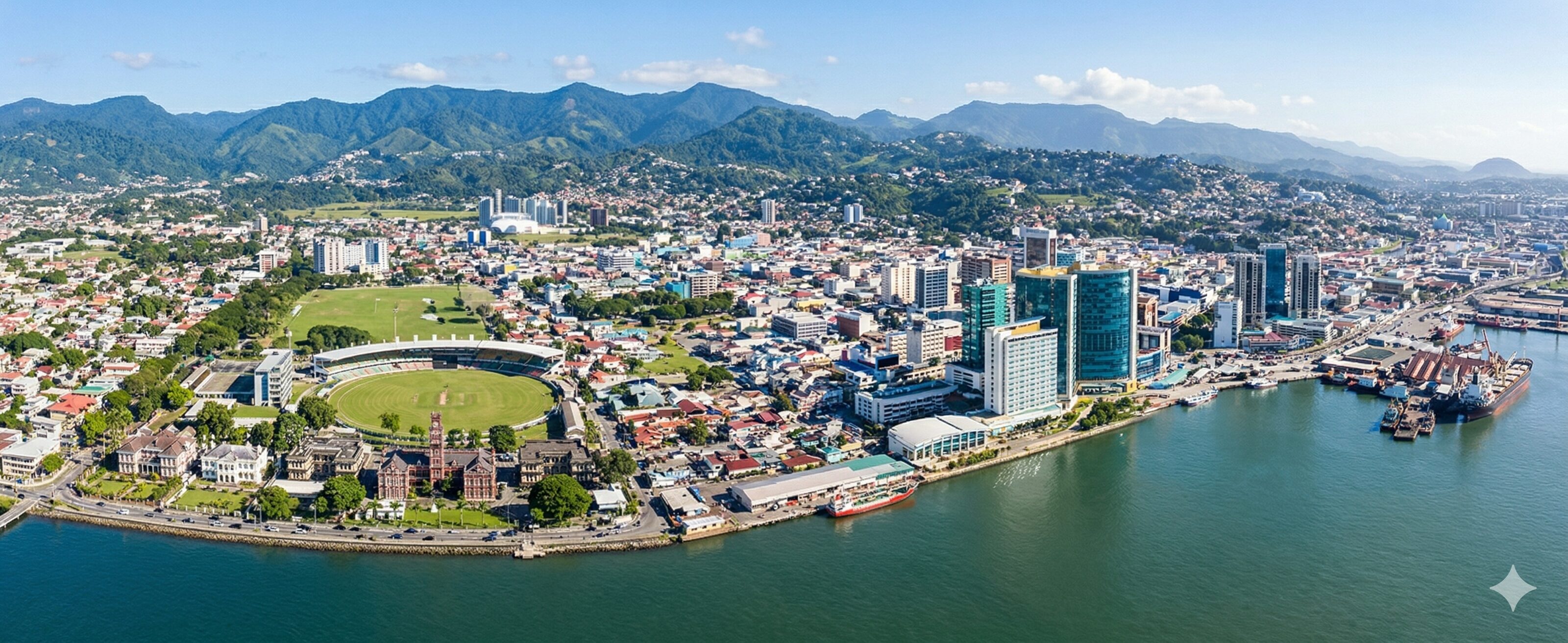 Panoramic bird's-eye view of Port-of-Spain, Trinidad, featuring the Gulf of Paria, downtown, and Queen's Park Savannah.