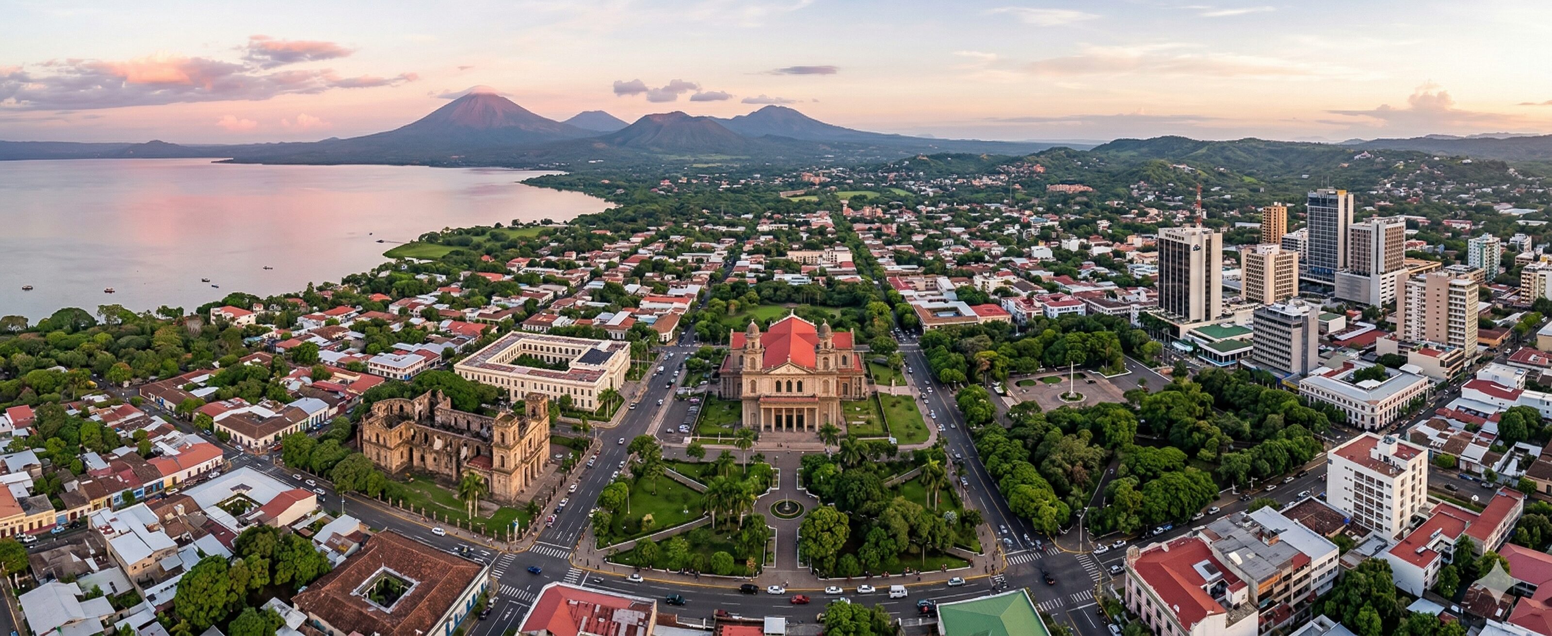 Managua cityscape and lake from above, promotional image for professional podology courses.