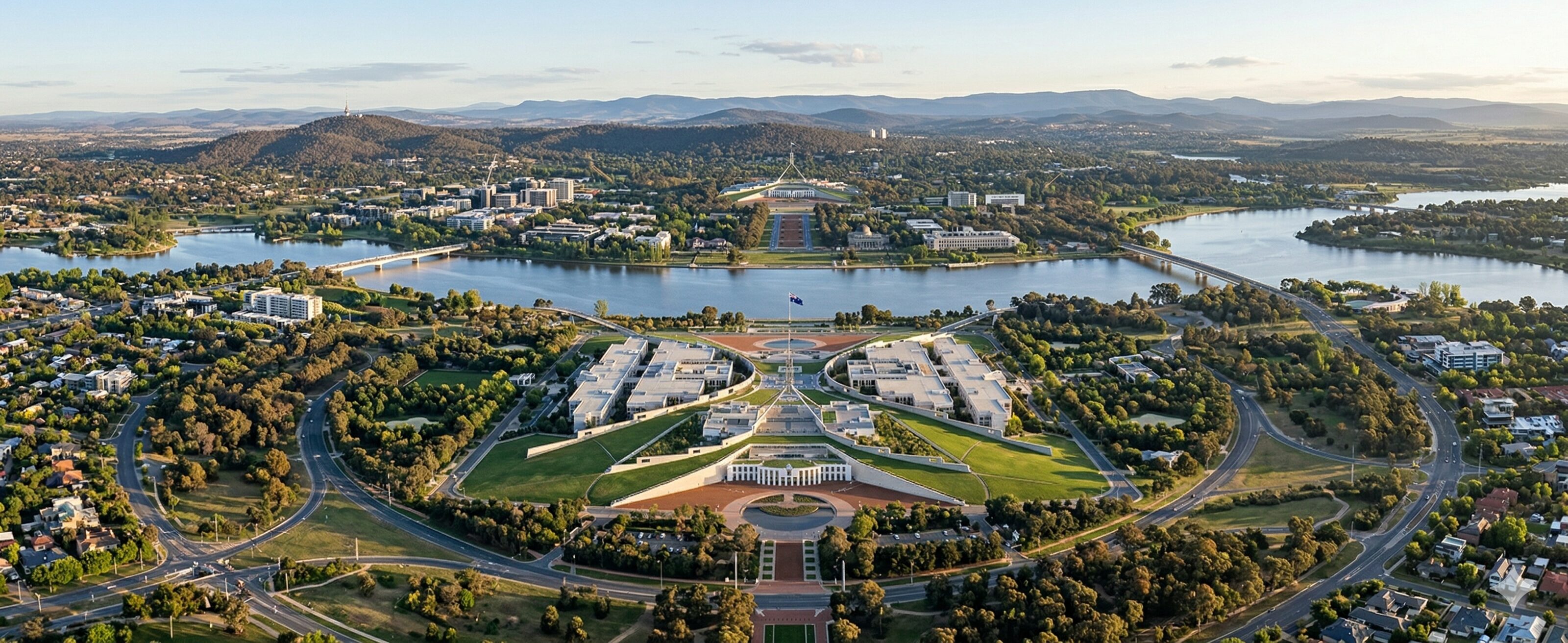 Beautiful realistic aerial photograph capturing the planned city of Canberra, Australia.