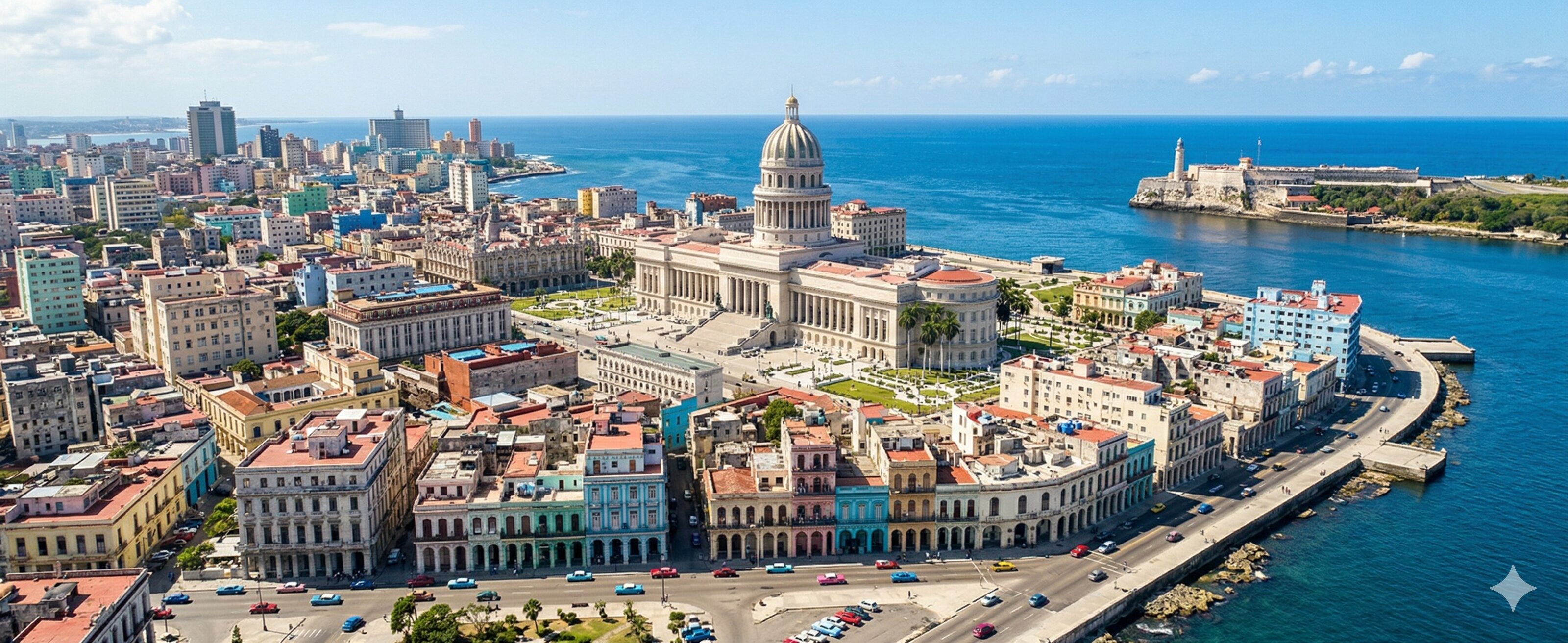 Panoramic aerial photograph of Havana, Cuba, featuring the Malecón seawall and El Capitolio at golden hour.
