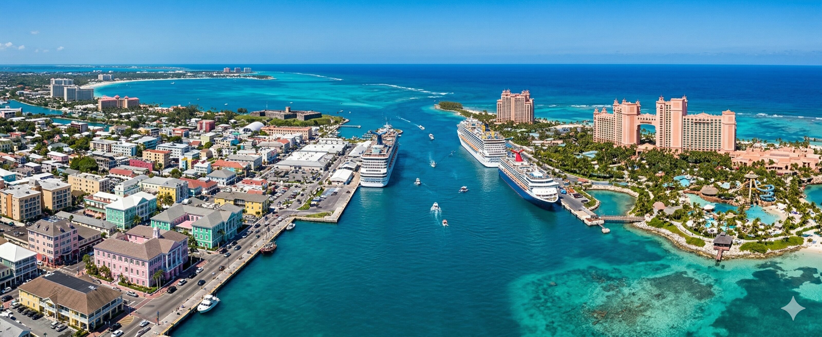 Panoramic aerial view of Nassau, Bahamas, featuring the cruise port and the bridges to Paradise Island.