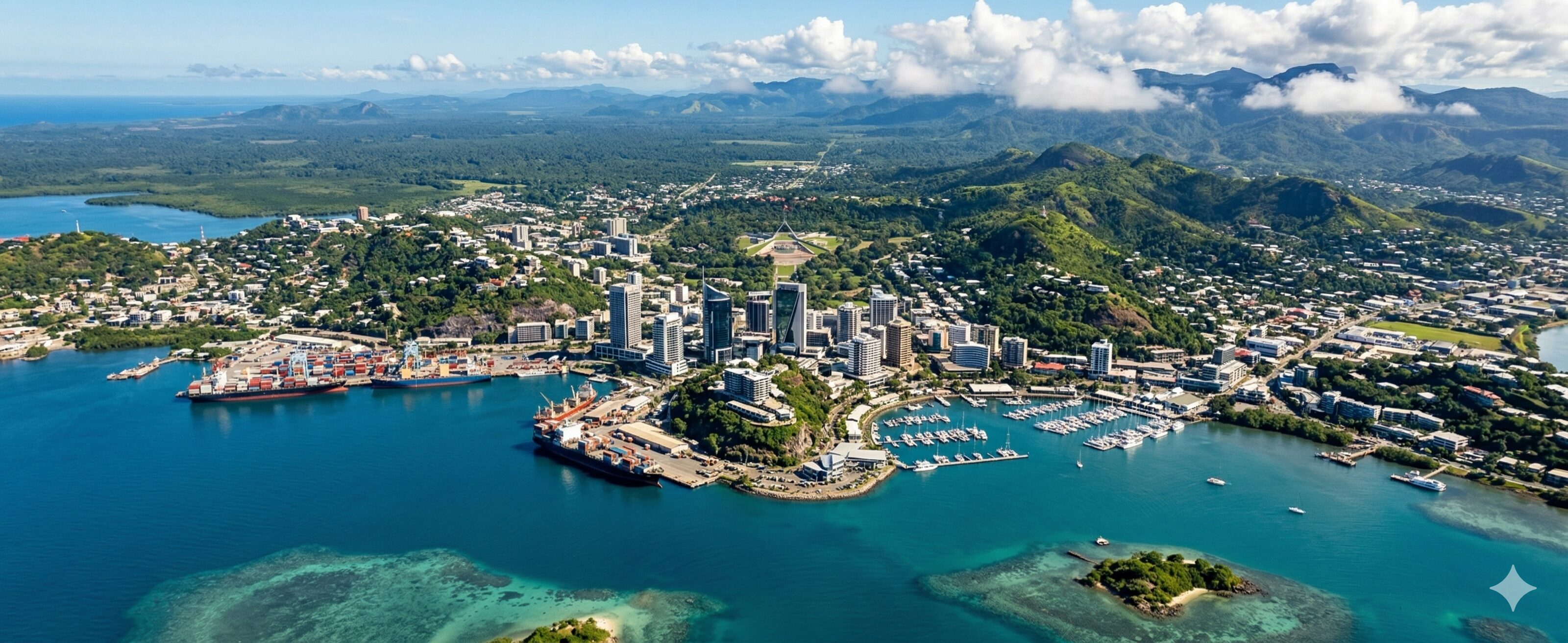 Bird's-eye panoramic photograph capturing Port Moresby, Papua New Guinea, including the modern CBD on the peninsula, the bustling Fairfax Harbour with large vessels, and rugged green hills under a bright sky.