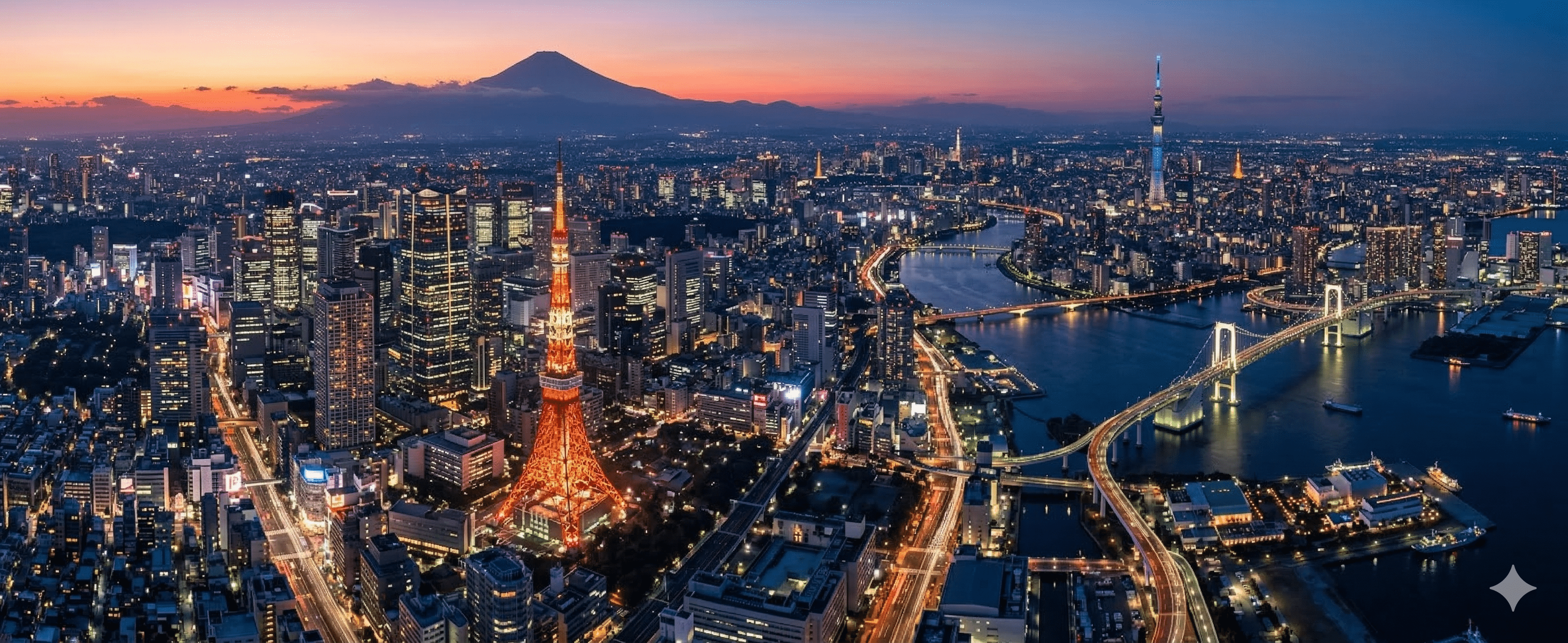 Realistic aerial cityscape of Tokyo illuminated at twilight.