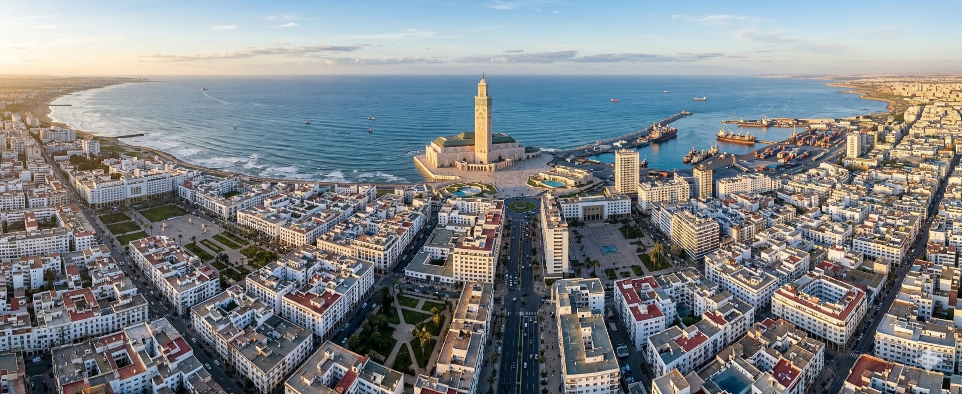 Coastal cityscape and Hassan II Mosque in Casablanca, podology course background.