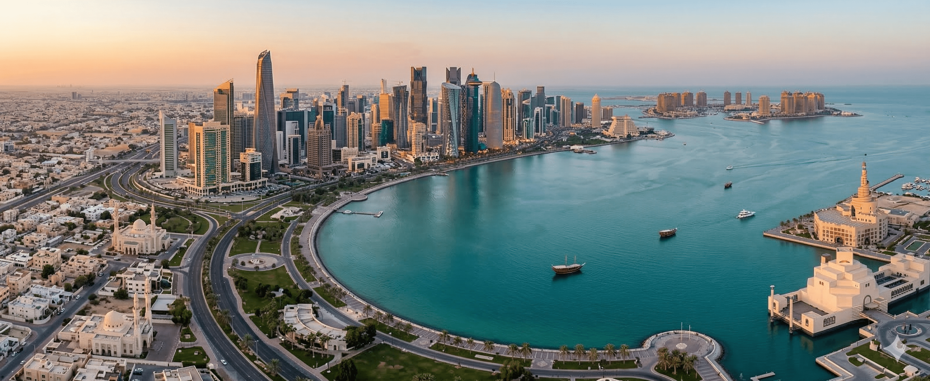 Modern aerial skyline of Doha overlooking the Persian Gulf.