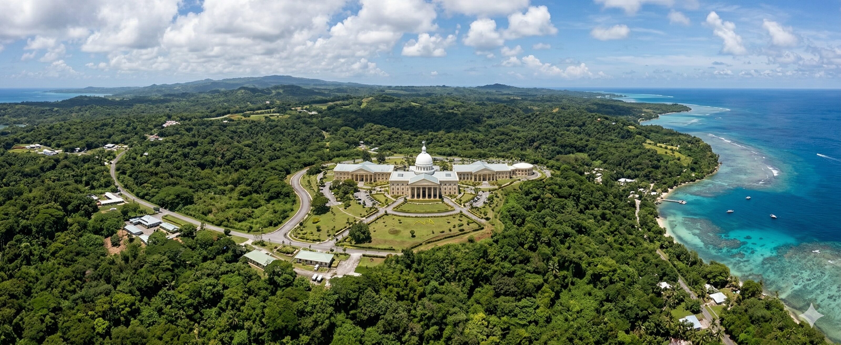 A sweeping bird's-eye view capturing the grand domed Capitol complex of Palau in Ngerulmud, Babeldaob island, nestled on a hill within a lush tropical rainforest overlook the Pacific.