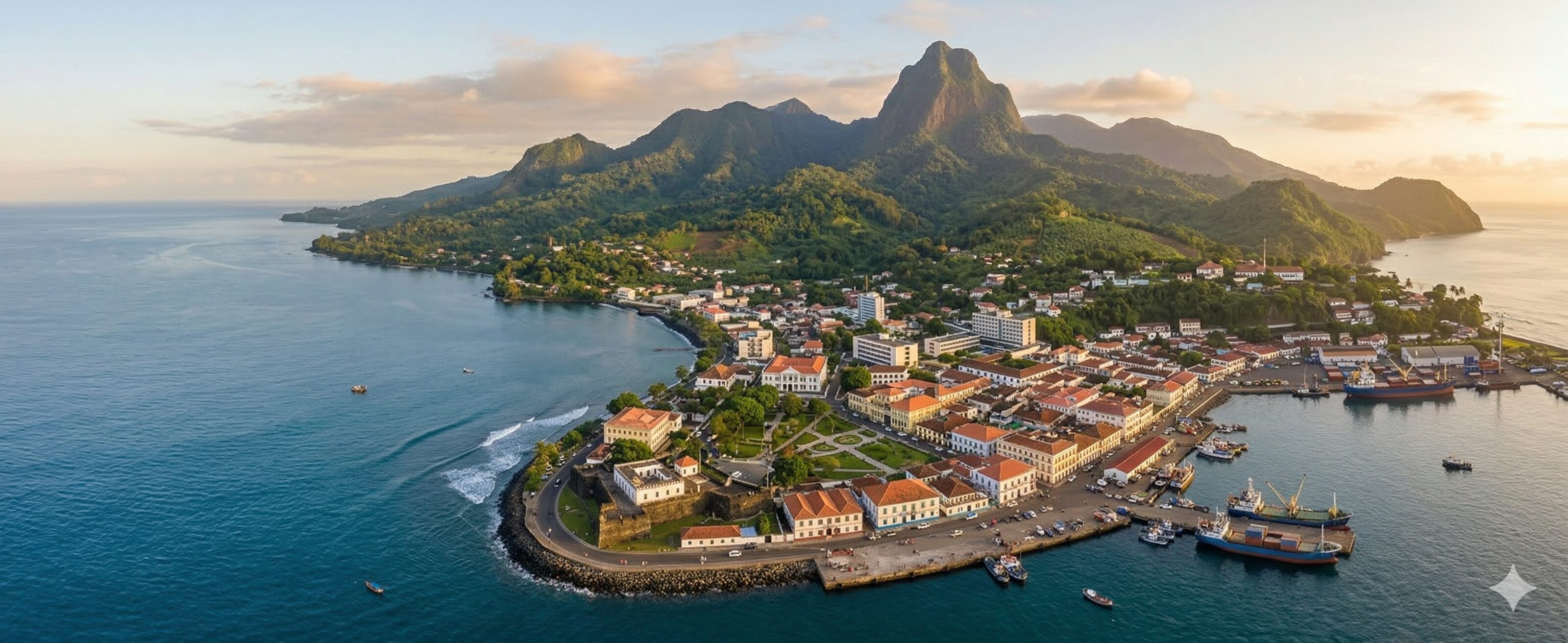 Aerial view of São Tomé harbor, background for a medical pedicure educational landing page.