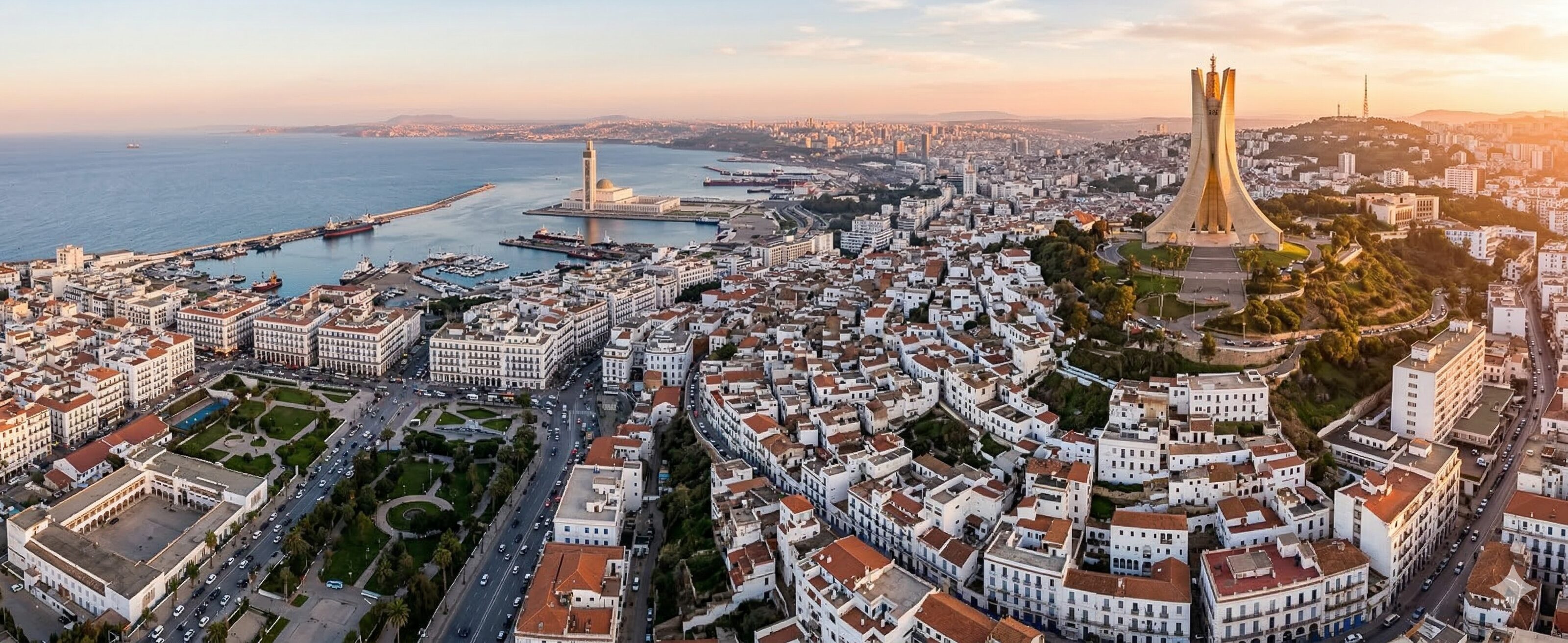 Aerial view of Algiers, background for a podology course landing page.