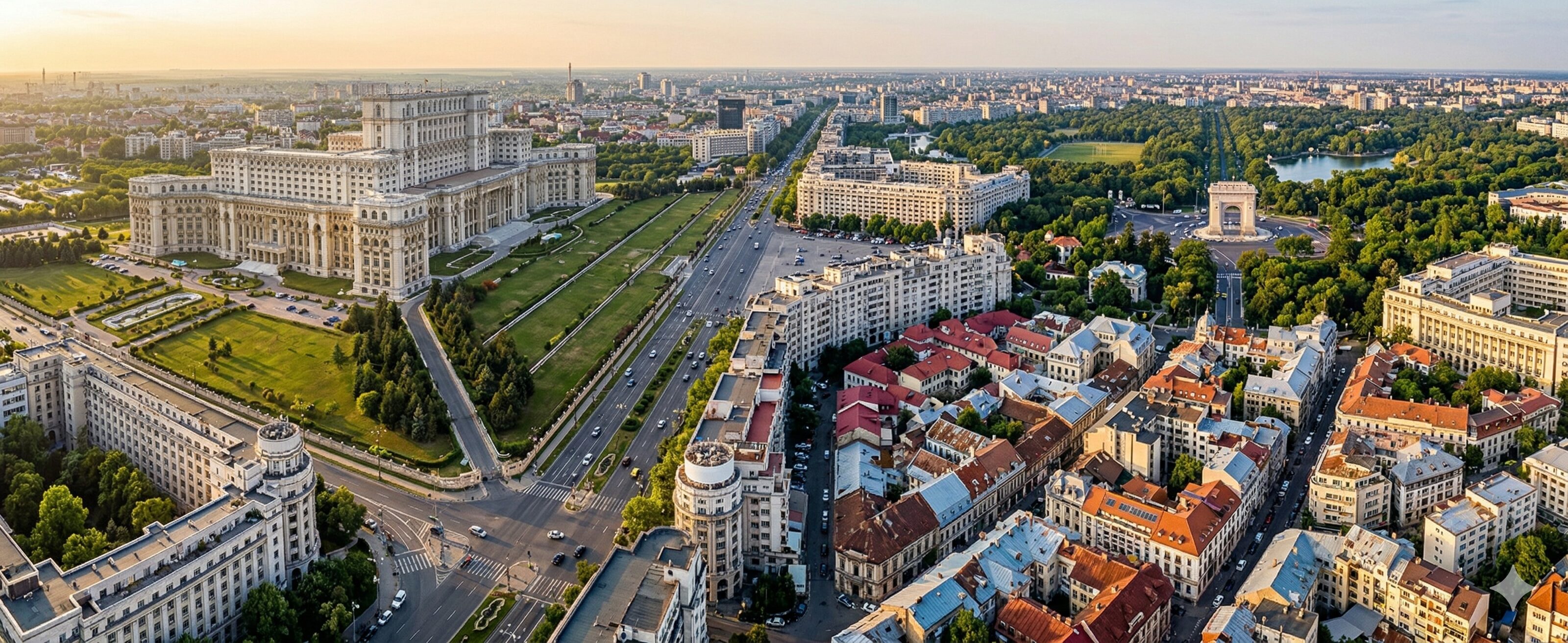 Sweepingly high realistic panoramic aerial photograph of Bucharest, Romania, showcasing the massive Palace of the Parliament.