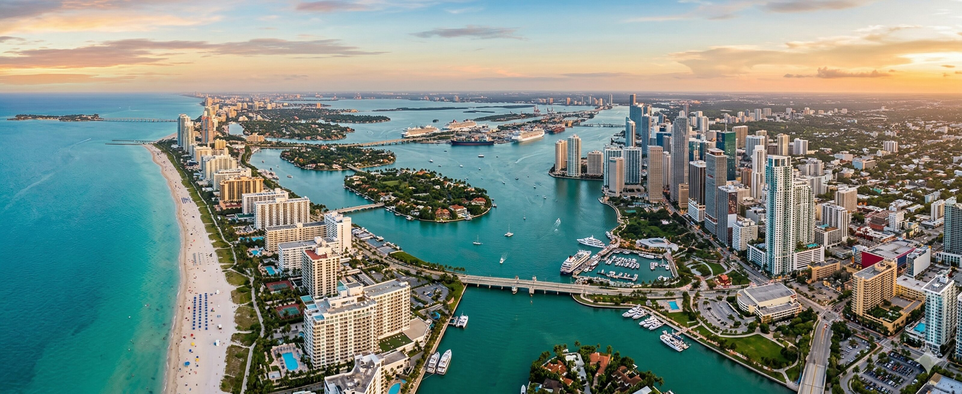 Beautiful aerial view of Miami coastline and cityscape, serving as a background for medical pedicure training.