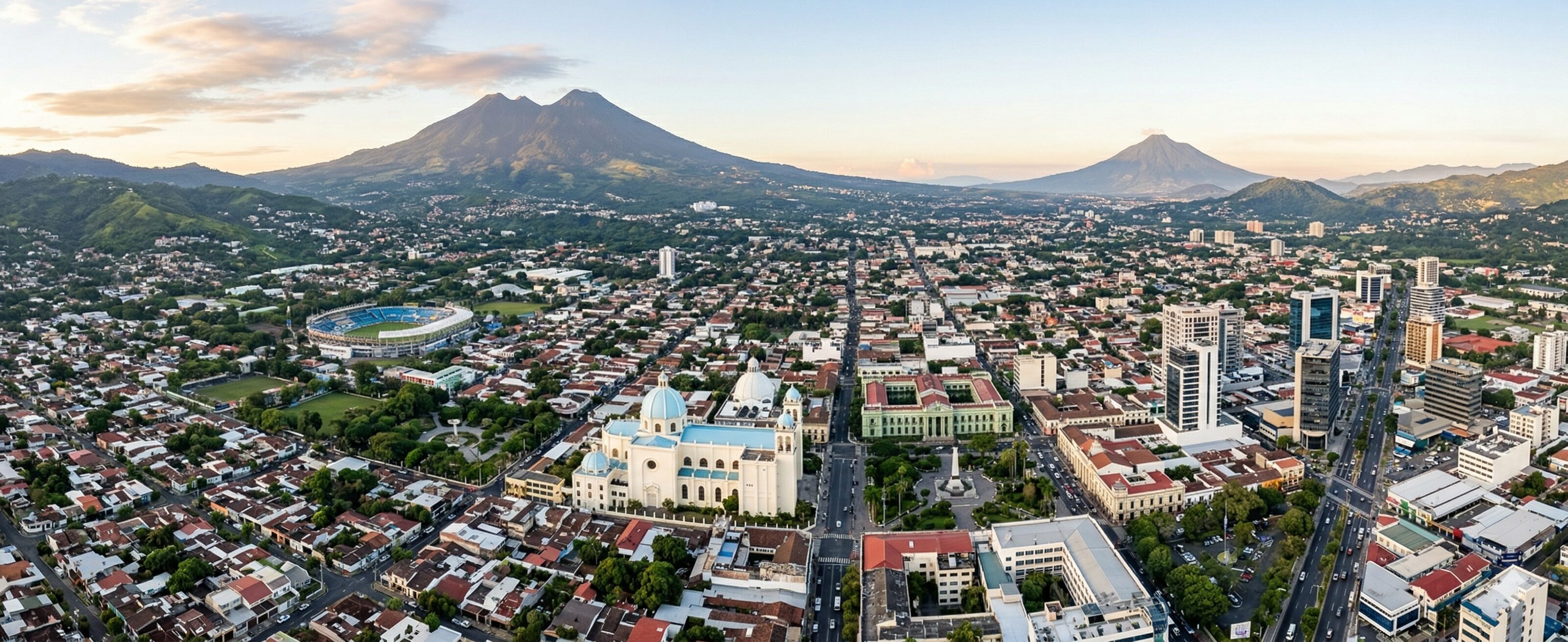 San Salvador cityscape with the majestic San Salvador volcano, banner for podology education.