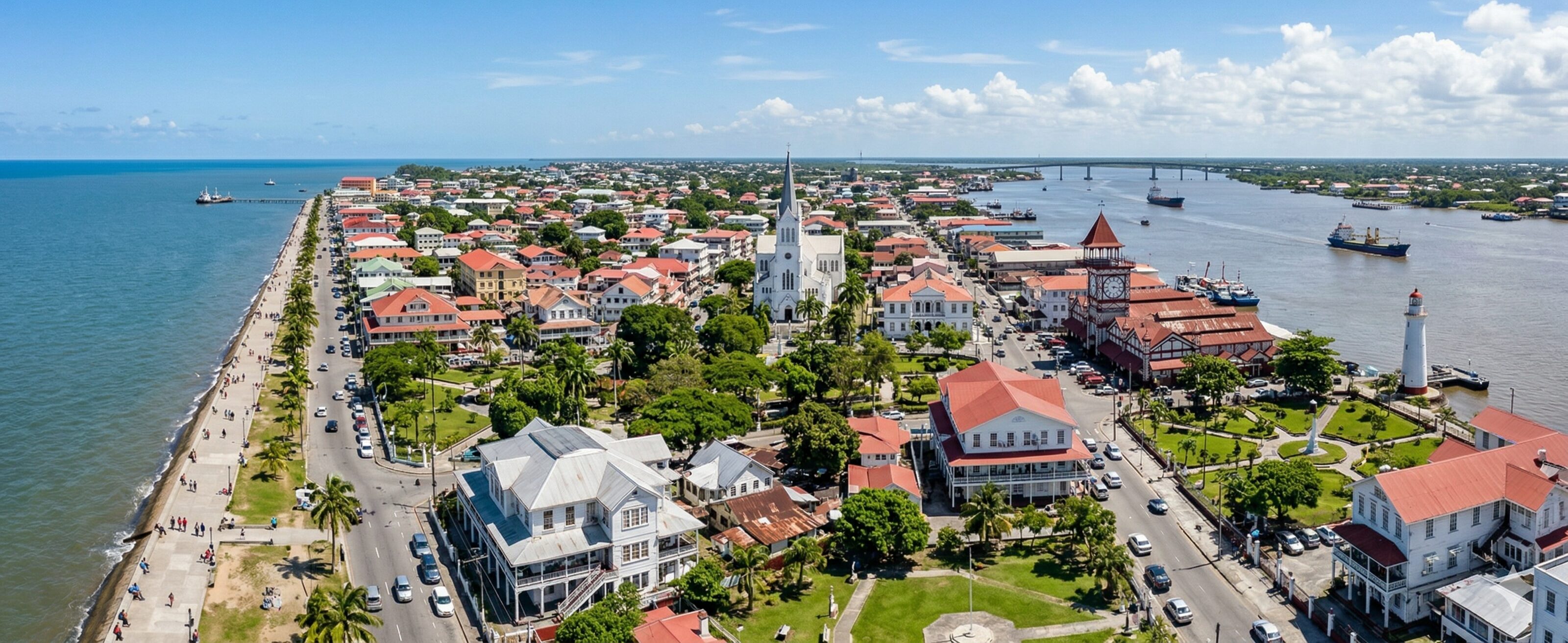Elevated view of Georgetown, Guyana, featuring wooden colonial architecture, the St. George's Cathedral, the Stabroek Market, and the Atlantic coastline under a bright sky.