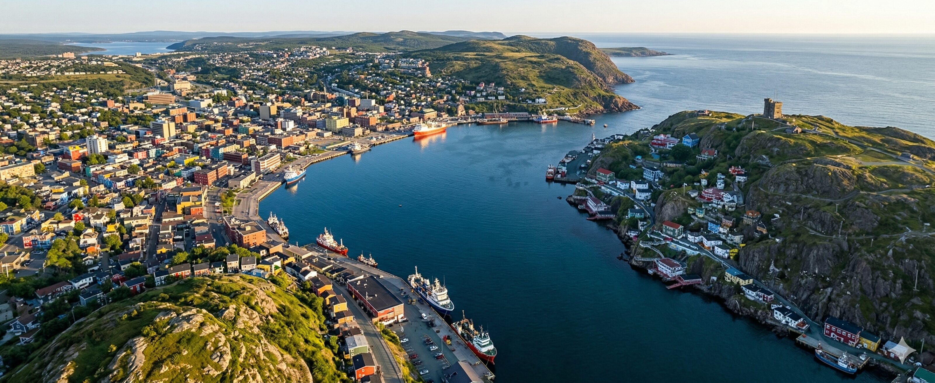 Panoramic photorealistic aerial view of St. John's, Antigua and Barbuda, focusing on the St. John's Cathedral and natural harbor.