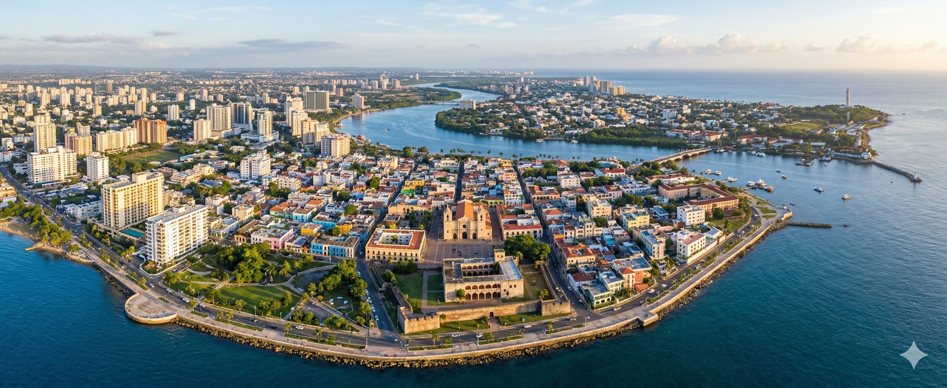 Panoramic aerial view of Santo Domingo, Dominican Republic, highlighting the Zona Colonial and modern skyline.