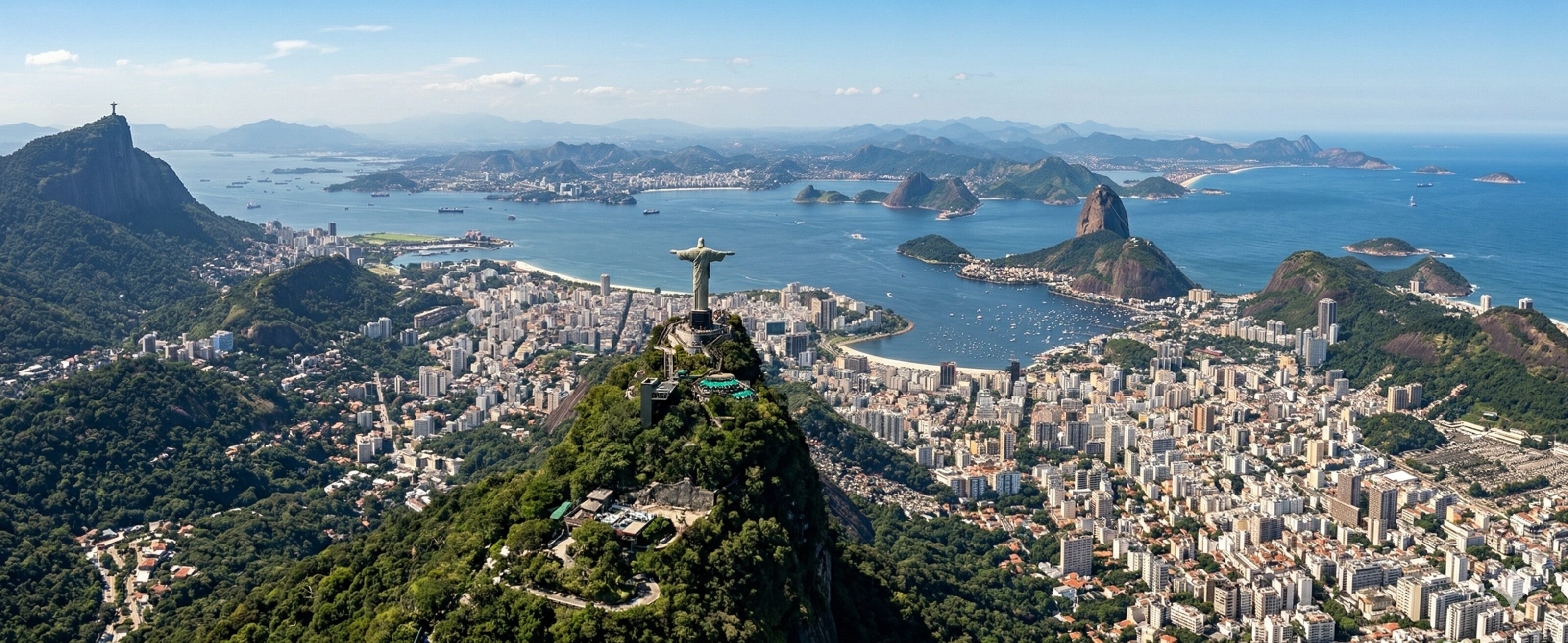 Aerial panorama of Rio de Janeiro, Brazil, showing the Christ the Redeemer statue overlooking the city, Guanabara Bay, and Sugarloaf Mountain under a blue sky.