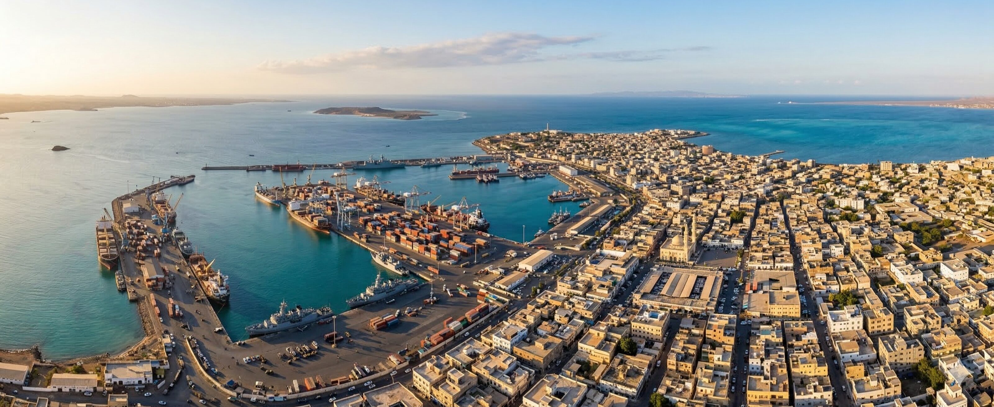 Coastal cityscape of Djibouti, background for a medical foot care workshop.