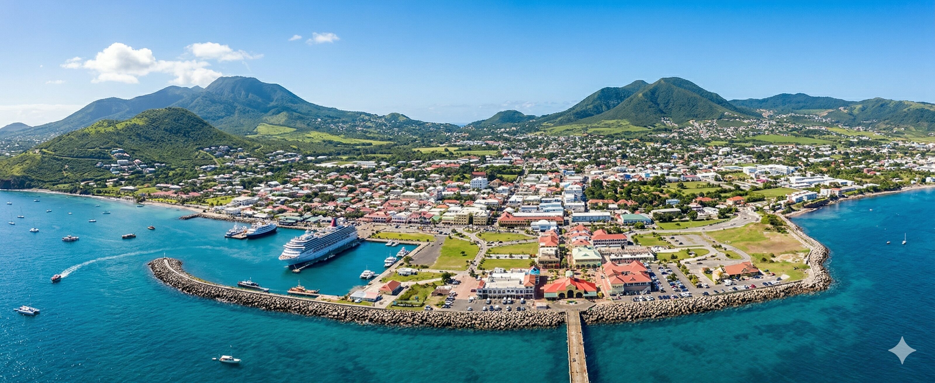Panoramic aerial view of Basseterre, St. Kitts, showing the city center, Port Zante, and Mount Liamuiga.