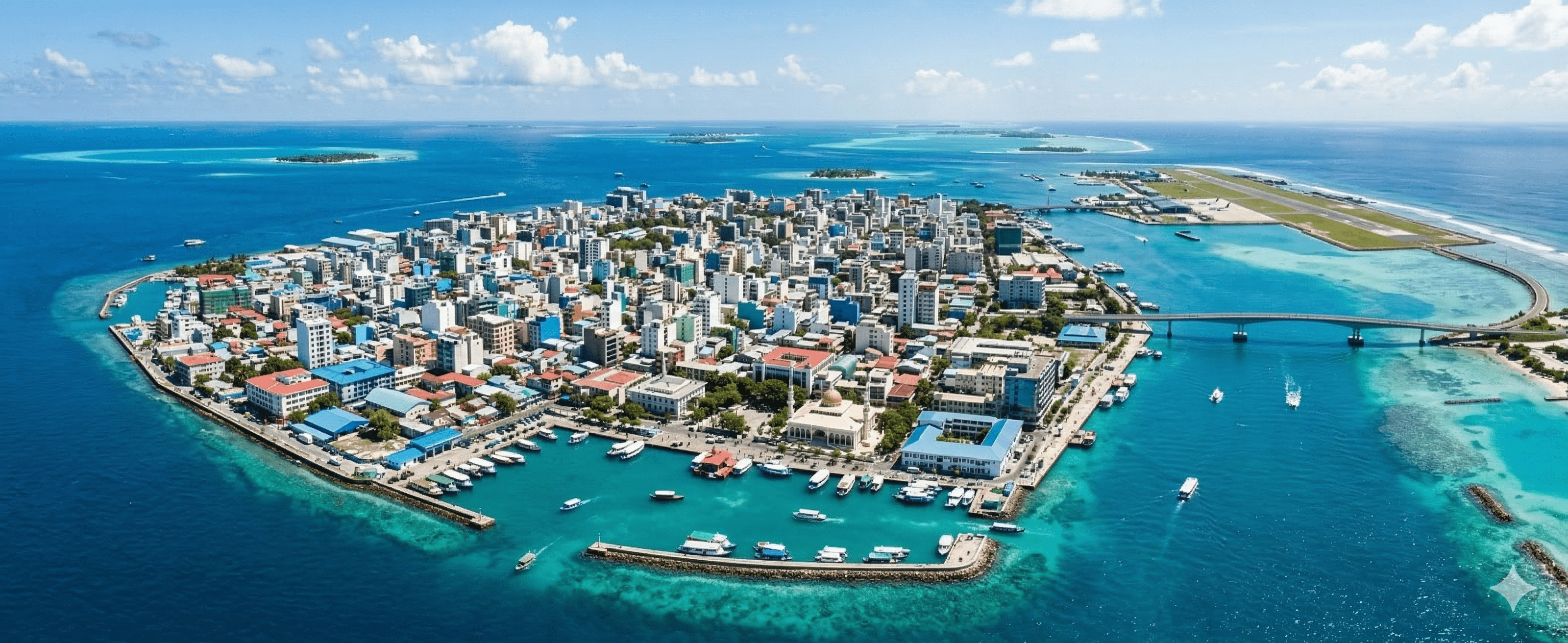 Aerial shot of the vibrant island city of Malé surrounded by the ocean.
