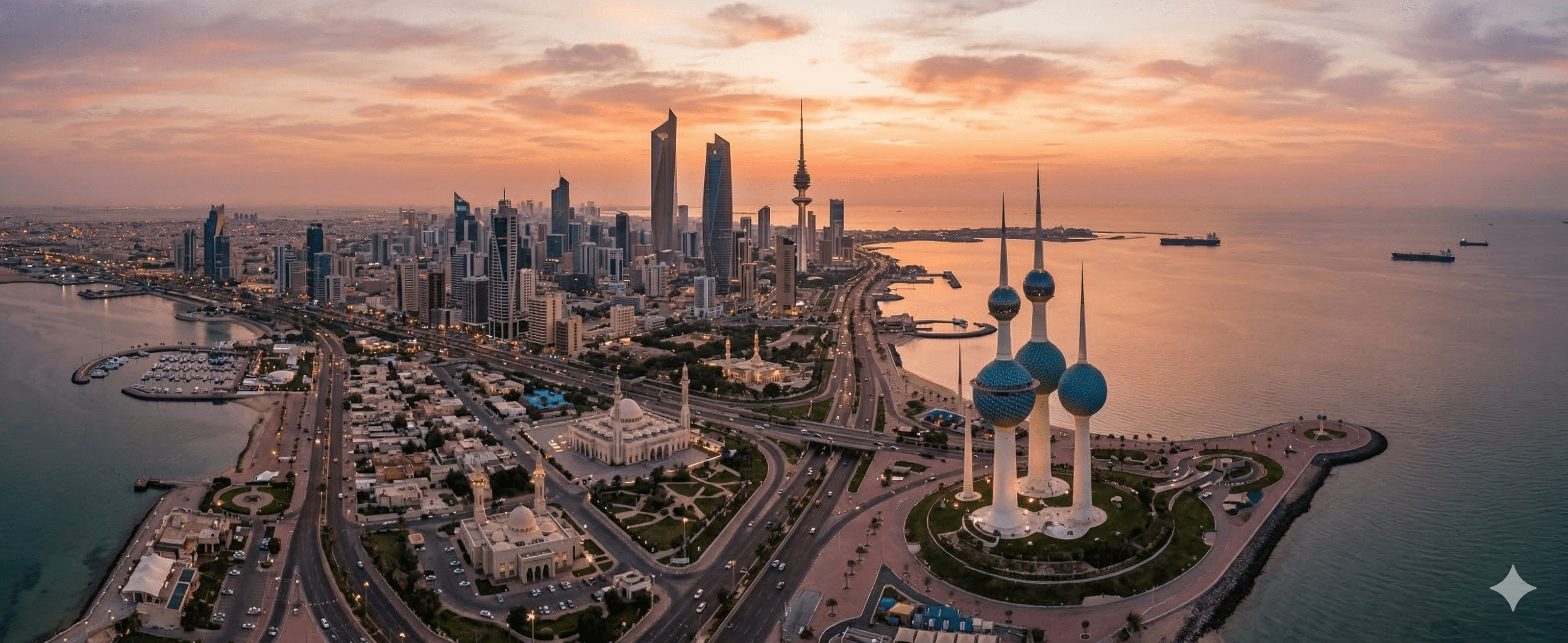 Aerial photography of Kuwait City skyline and the iconic Kuwait Towers.