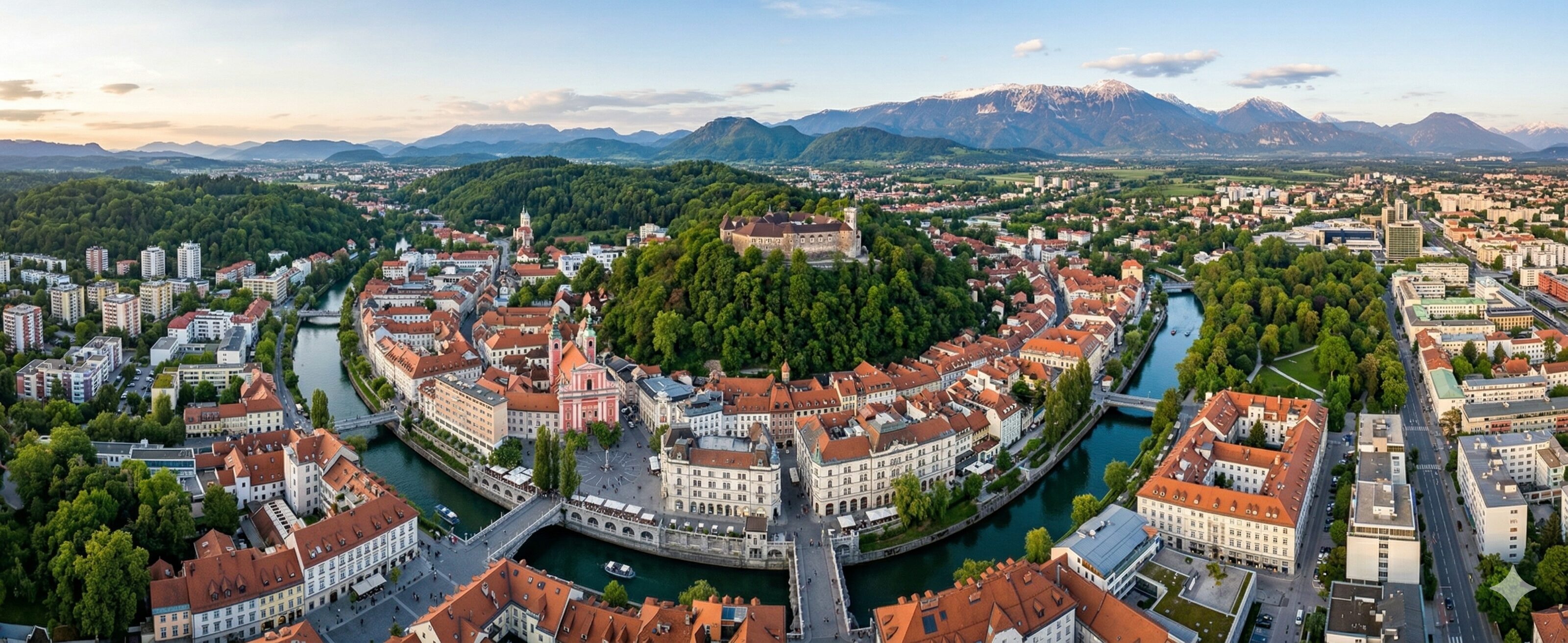 Sweeping high-altitude panoramic realistic photograph capturing the city of Ljubljana, Slovenia.