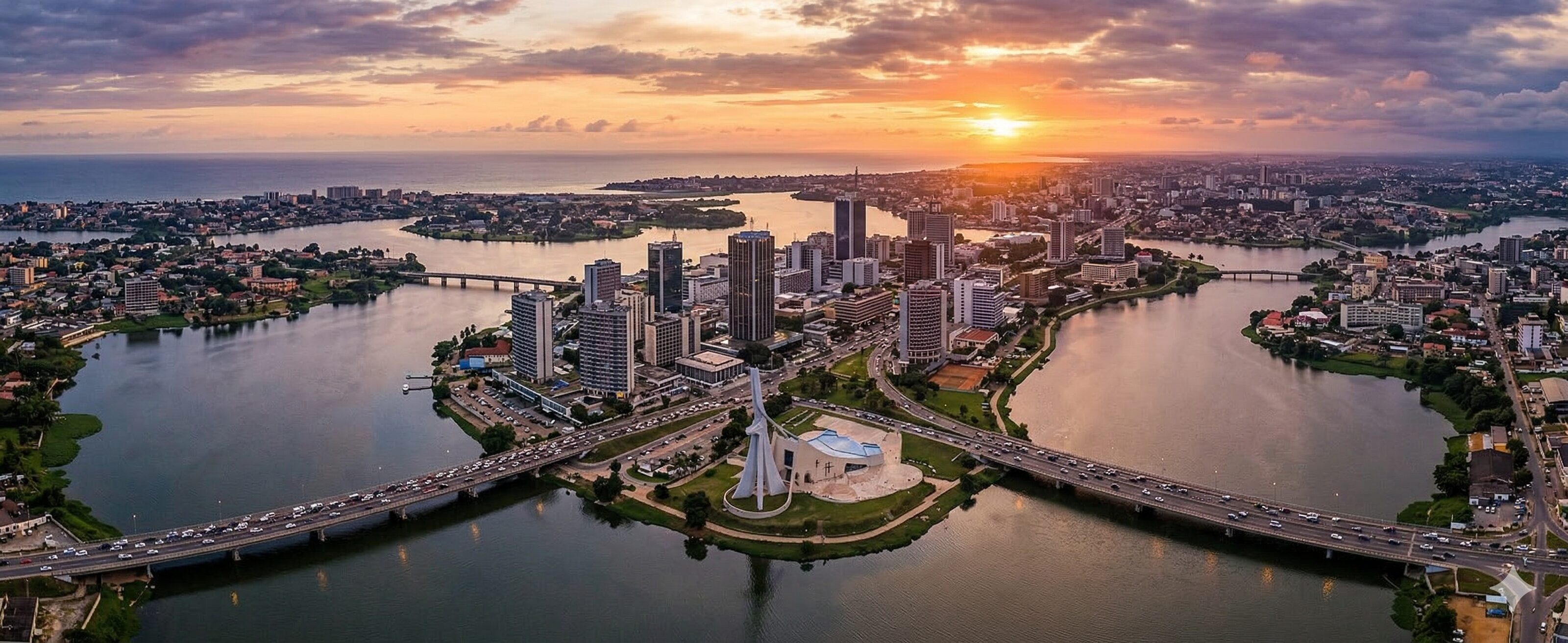 Skyline and lagoons of Abidjan, background image for an advanced podology course.