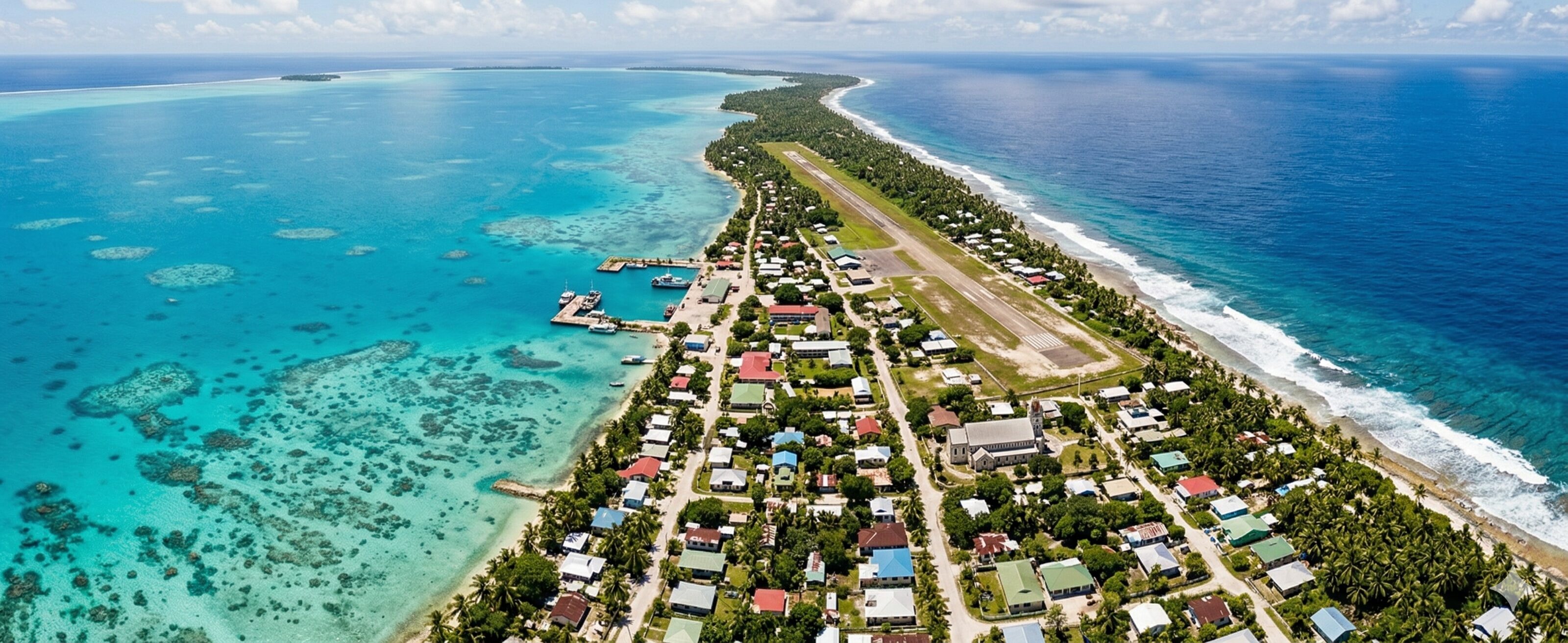Stunning high-altitude photograph looking down the narrow length of Fongafale island on Funafuti Atoll, Tuvalu, showing the unpaved international runway and settlements between the turquoise lagoon and deep blue Pacific.