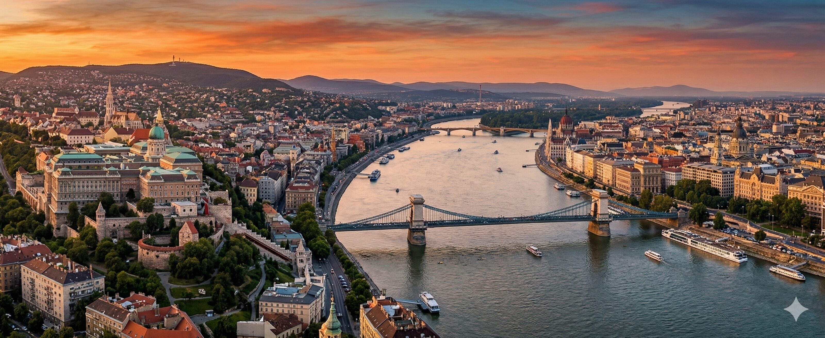 A realistic panoramic aerial photograph of Budapest, Hungary, crossing the Danube River from Buda to Pest.
