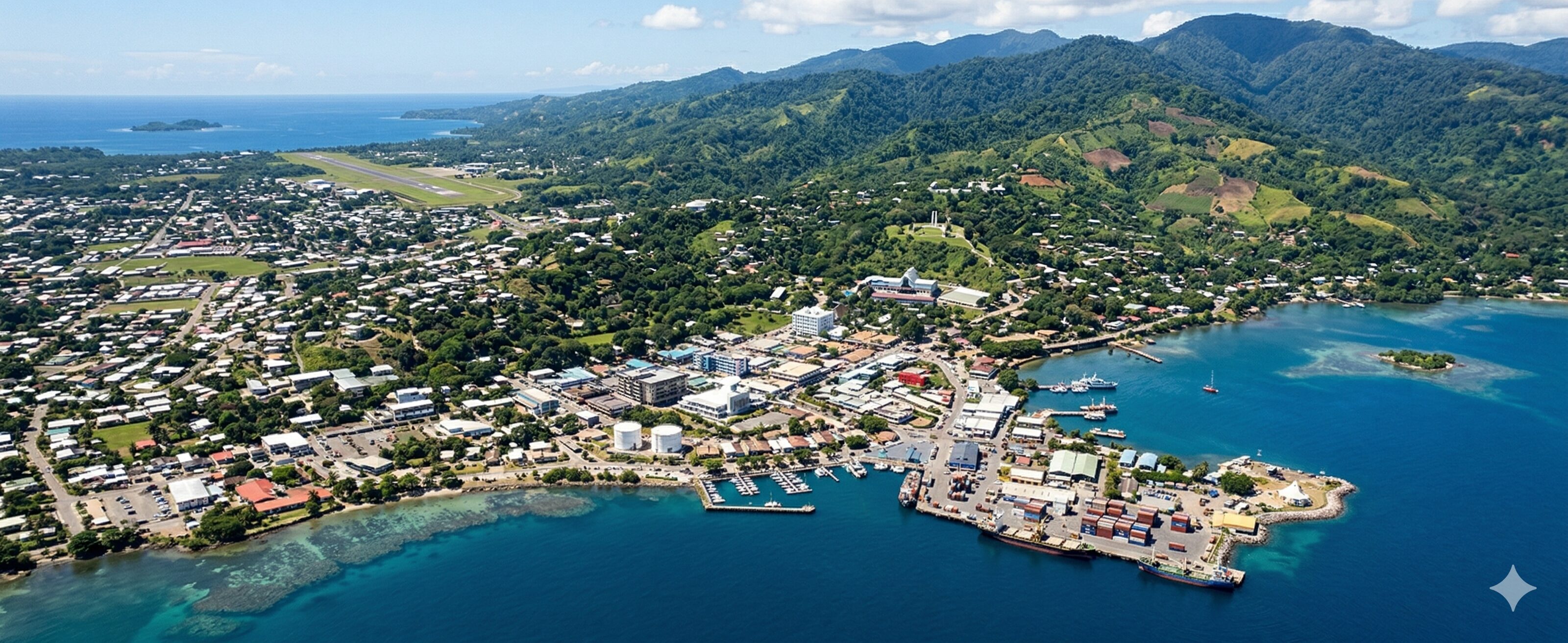 A stunning high-altitude aerial landscape capturing the city of Honiara, Solomon Islands, spread along the coast with a busy harbor, overlooking Iron Bottom Sound and dramatic jungle-covered mountains.