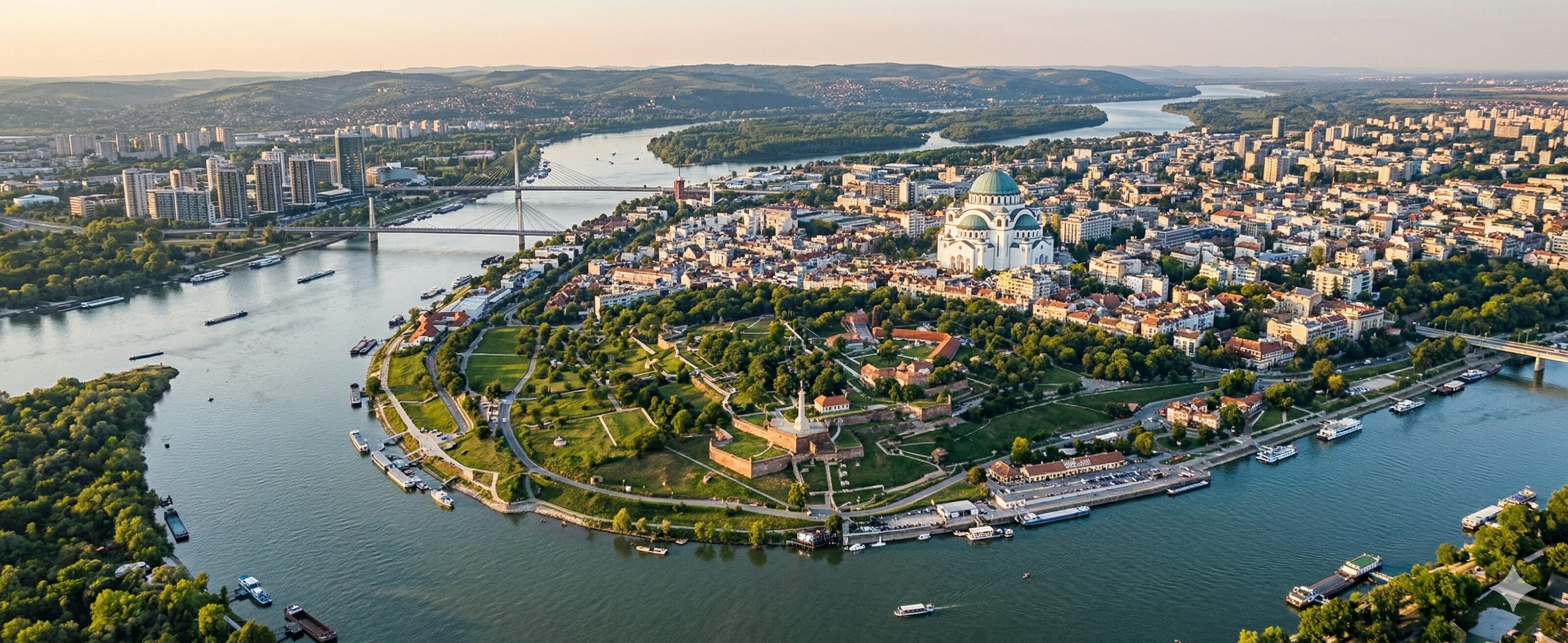 High-altitude panoramic realistic aerial photograph of Belgrade, Serbia, taken at golden hour.
