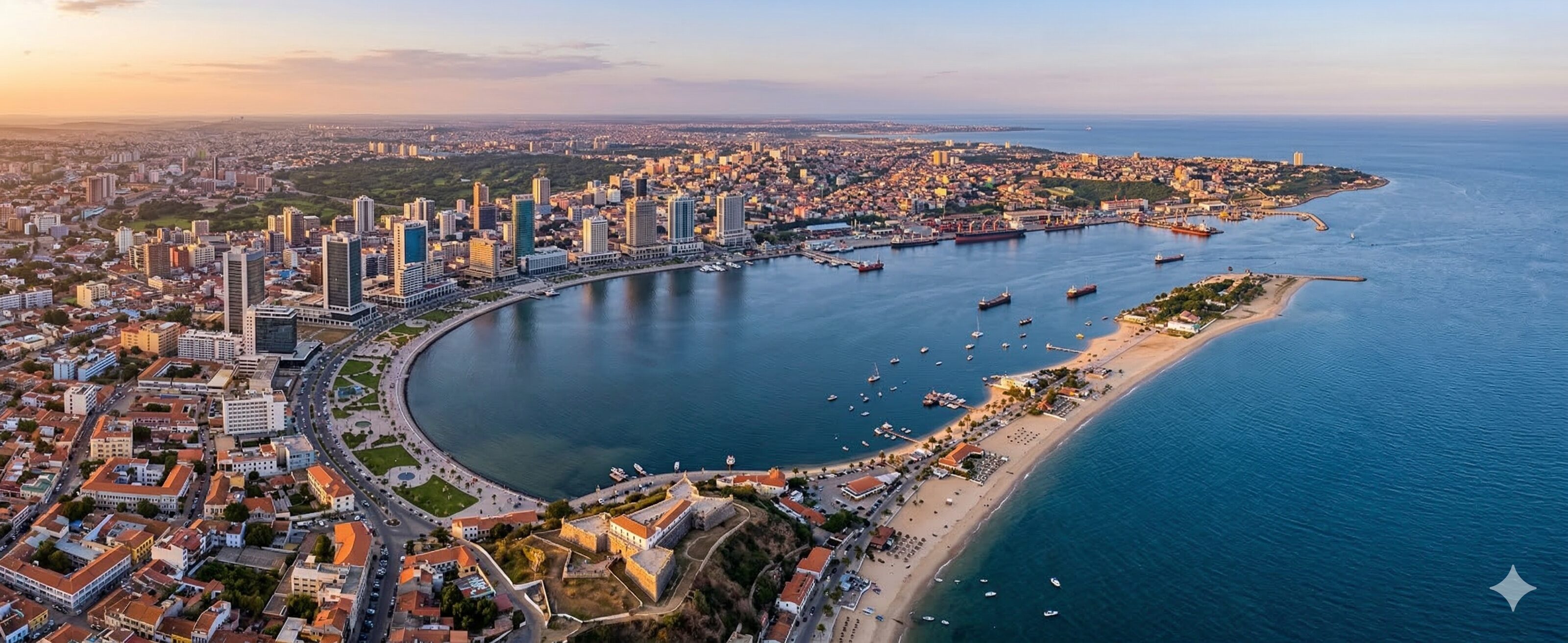 Coastal view of Luanda's bay, background image for an advanced podology course.