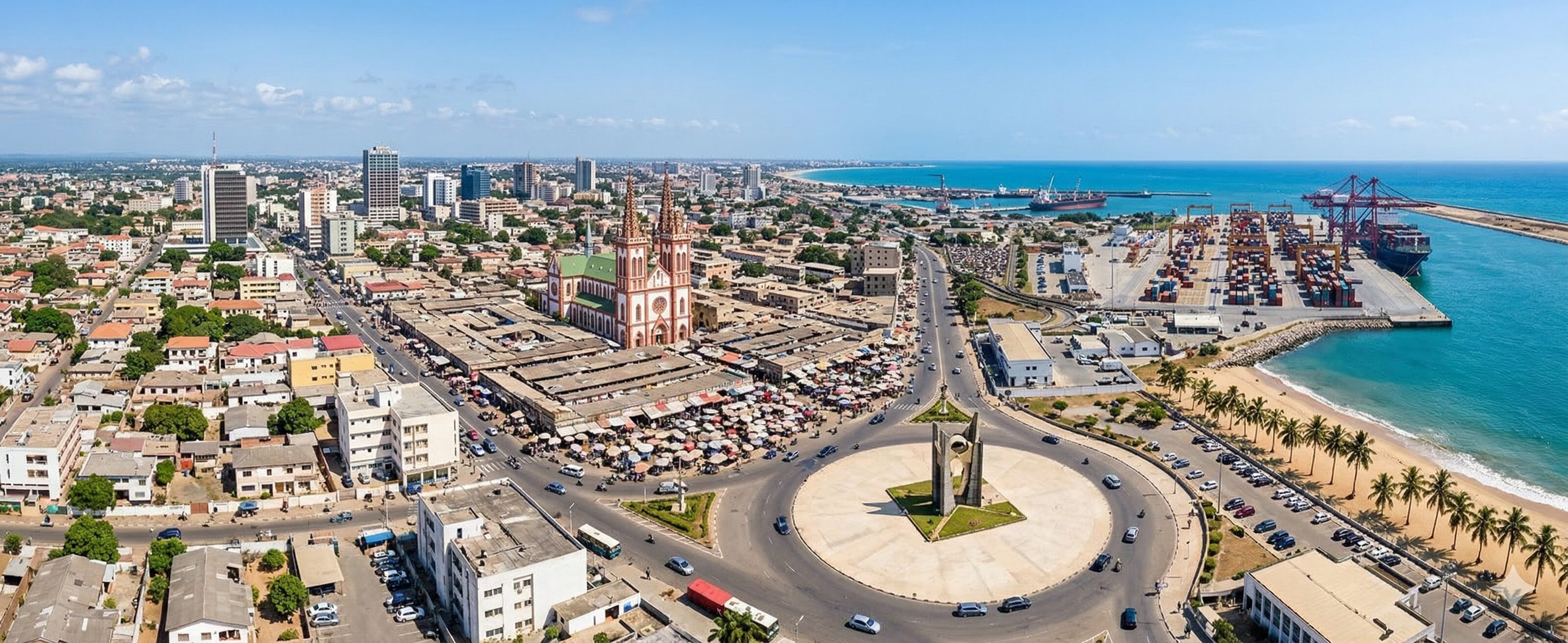Coastal cityscape and Independence Monument in Lomé, podology training background.