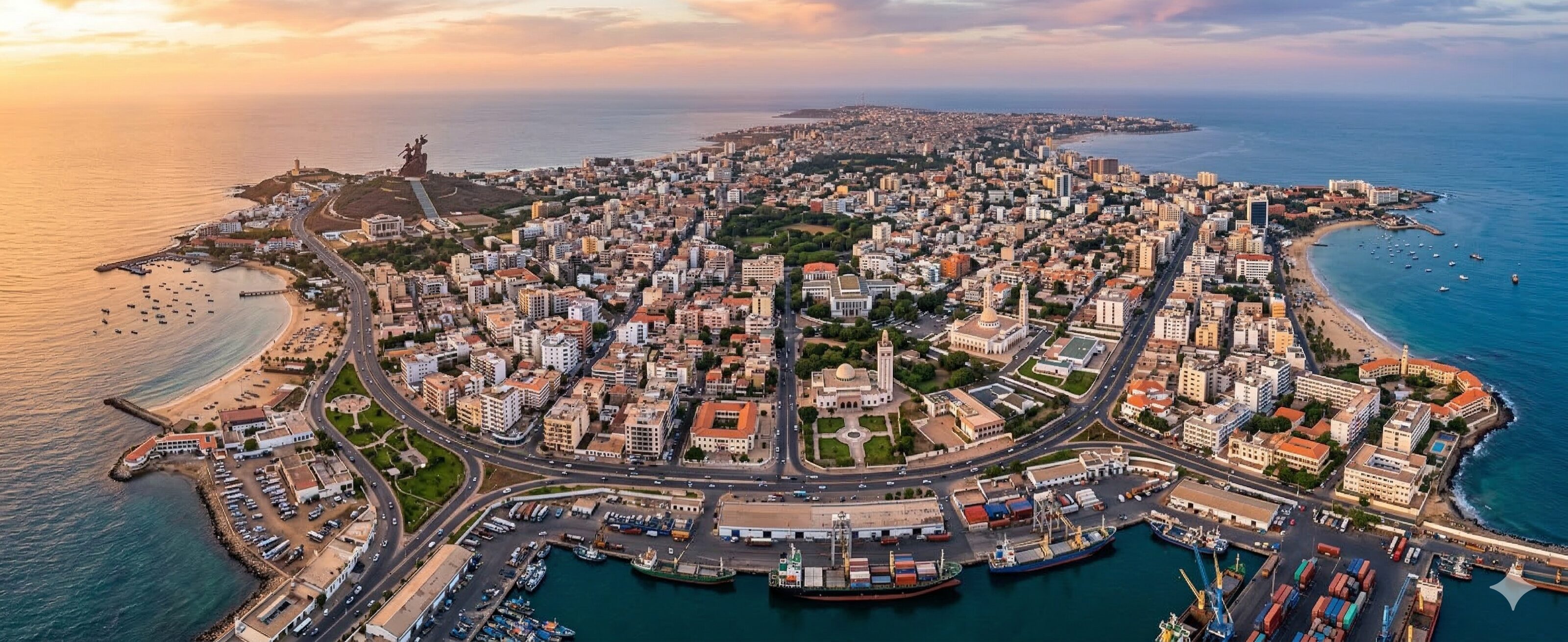Aerial coastal view of Dakar, promotional background for a medical pedicure course.