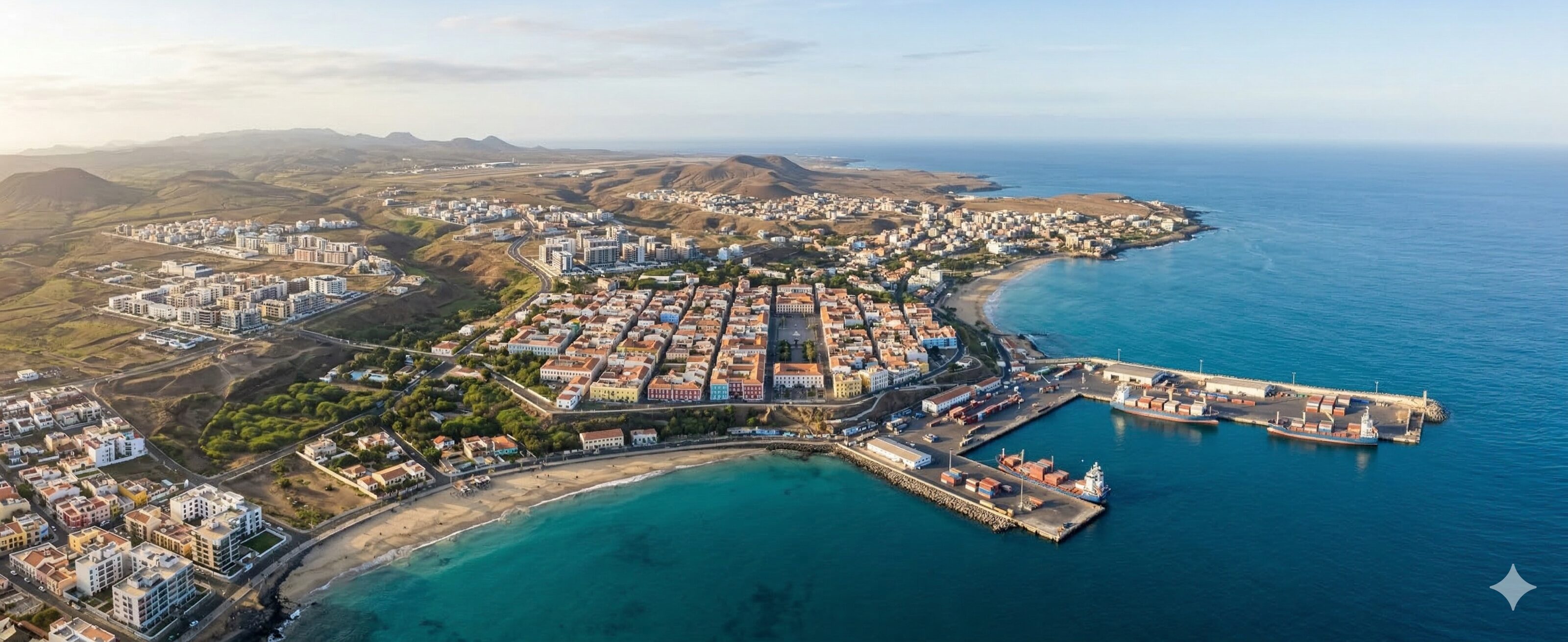 Coastal view of Praia, Cape Verde, educational background for a podology course.