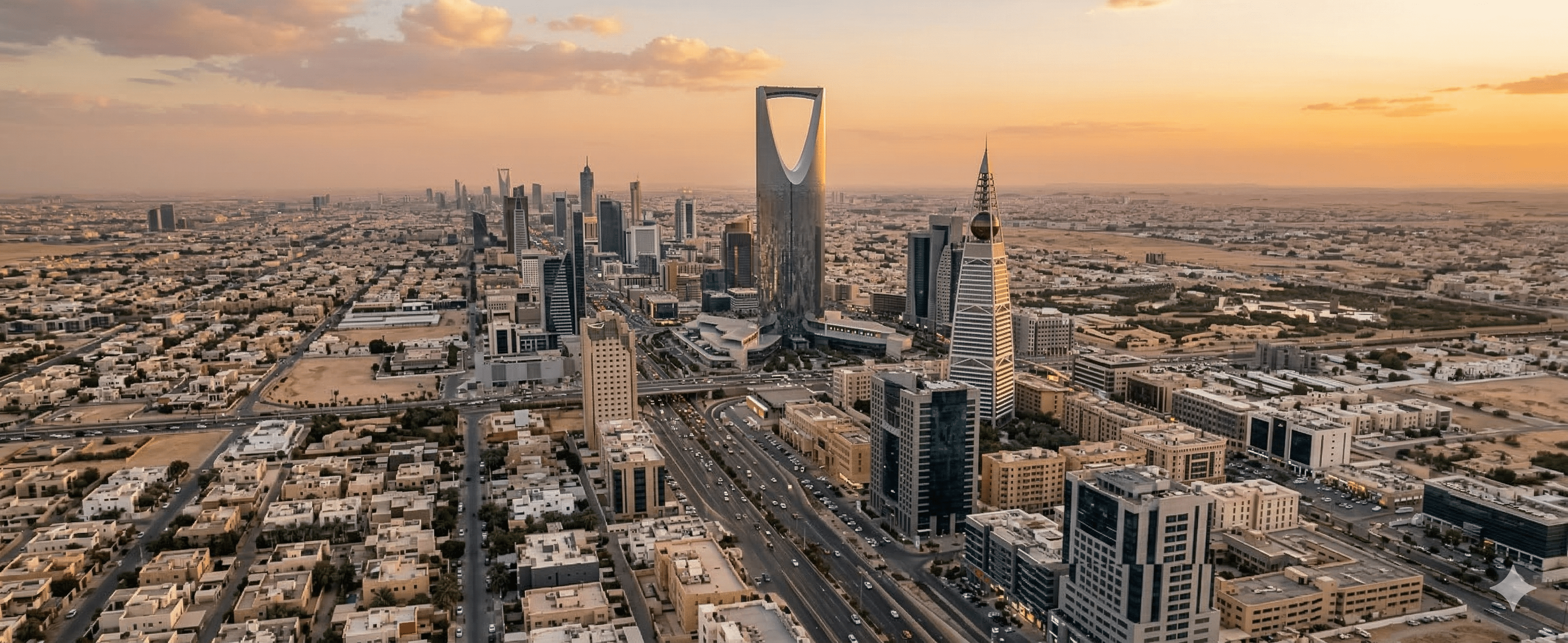Stunning aerial photography of the Riyadh skyline at dusk.
