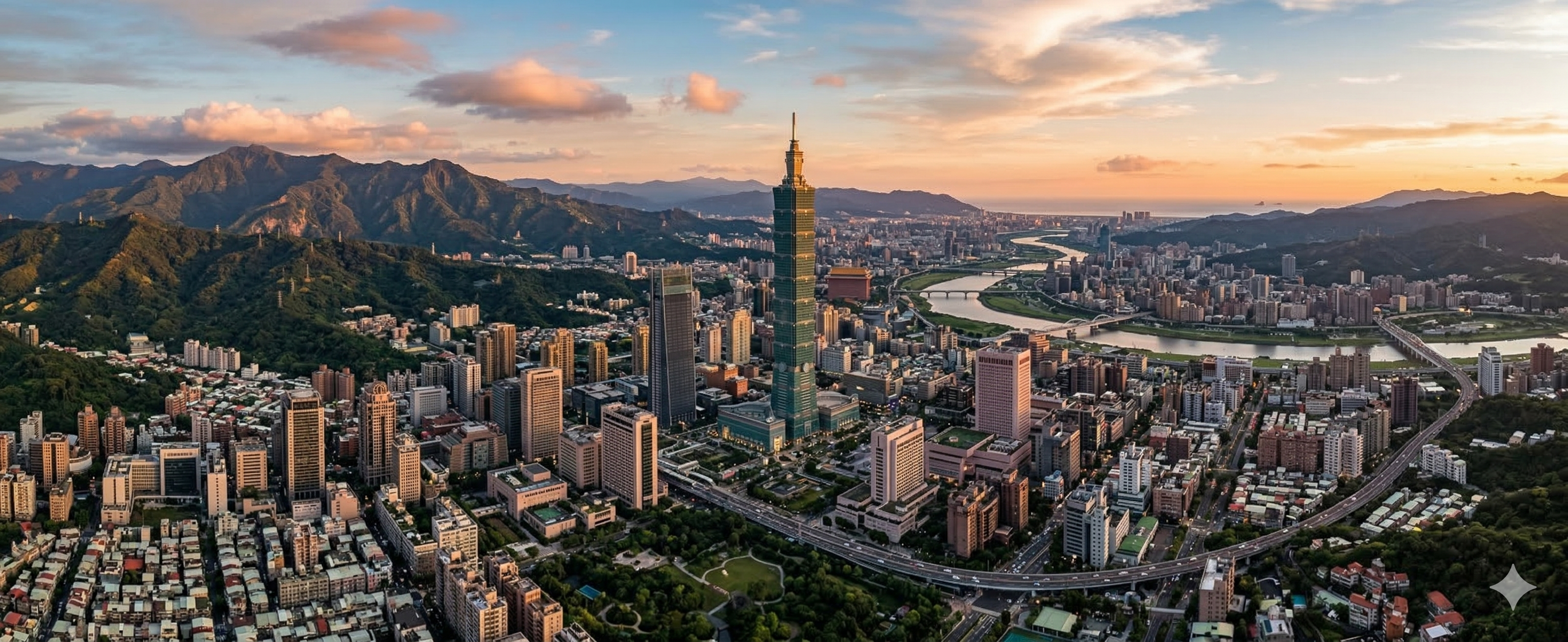 Realistic aerial view of the Taiwan skyline at sunset