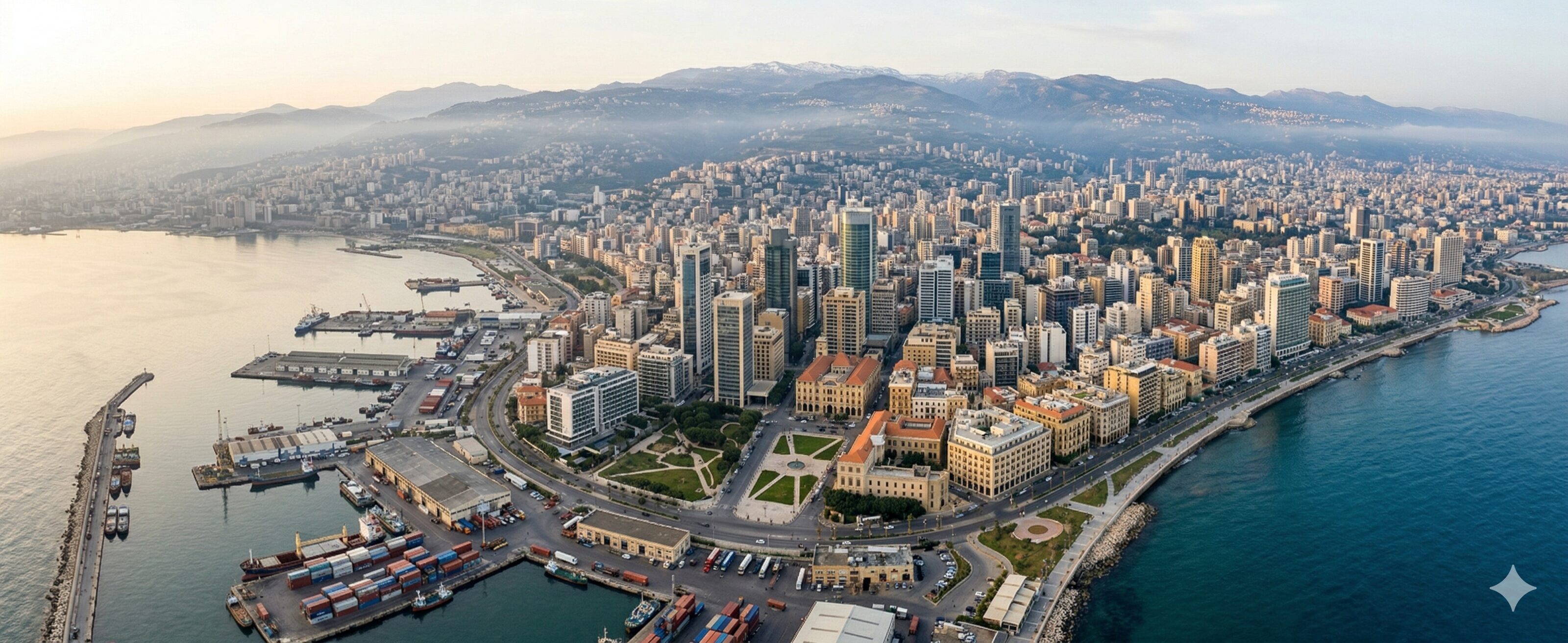 A breathtaking bird's-eye panoramic photograph of the Beirut, Lebanon, coastline and cityscape at sunrise, with the Port, downtown, and Mount Lebanon.