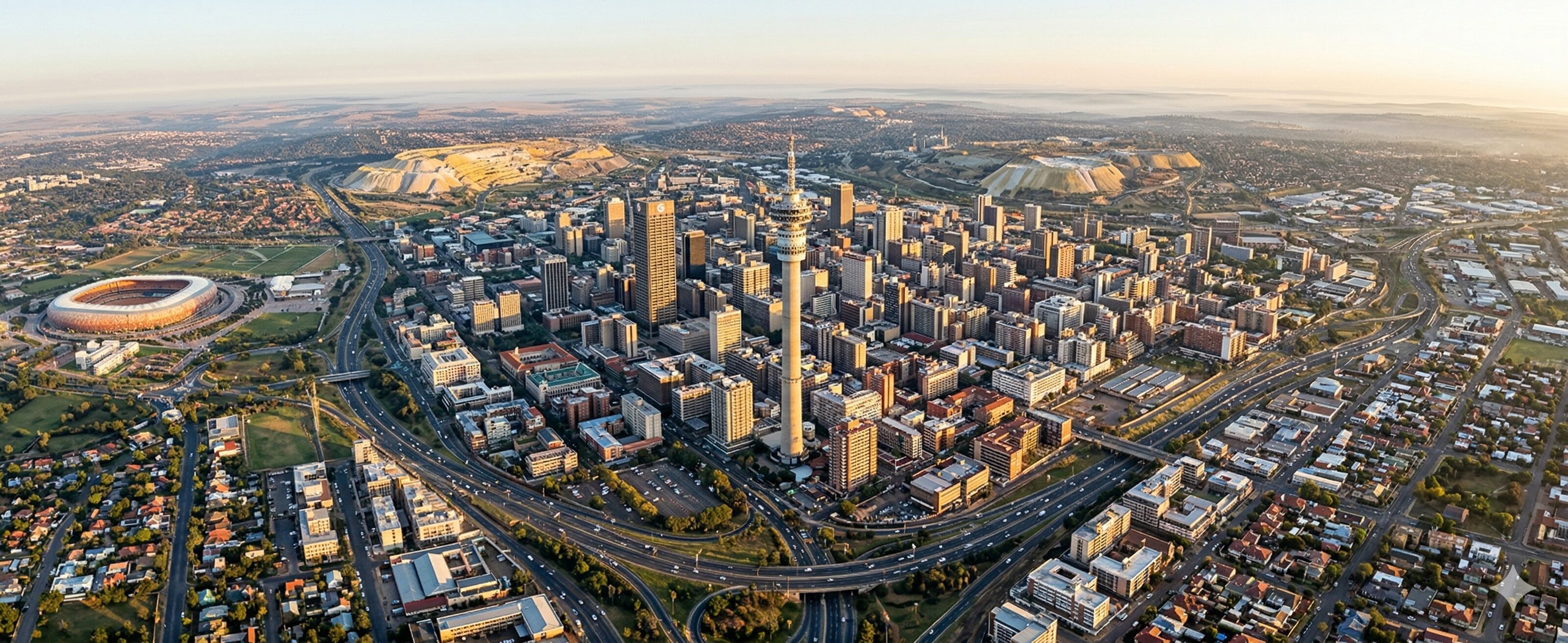 Panoramic bird's-eye view of Johannesburg, South Africa, featuring the Telkom Joburg Tower, Carlton Centre, FNB Stadium, and gold mine tailings at sunrise.
